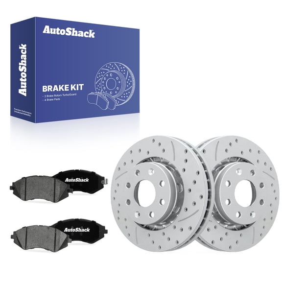 AutoShack Front Vented Drilled & Slotted Coated Brake Rotors Silver Matte Finish   Ceramic Pads 6-PC Brake Kit Replacement for 2013-2015 Chevrolet Spark TurboGuard 10.07" (255.9 mm)
