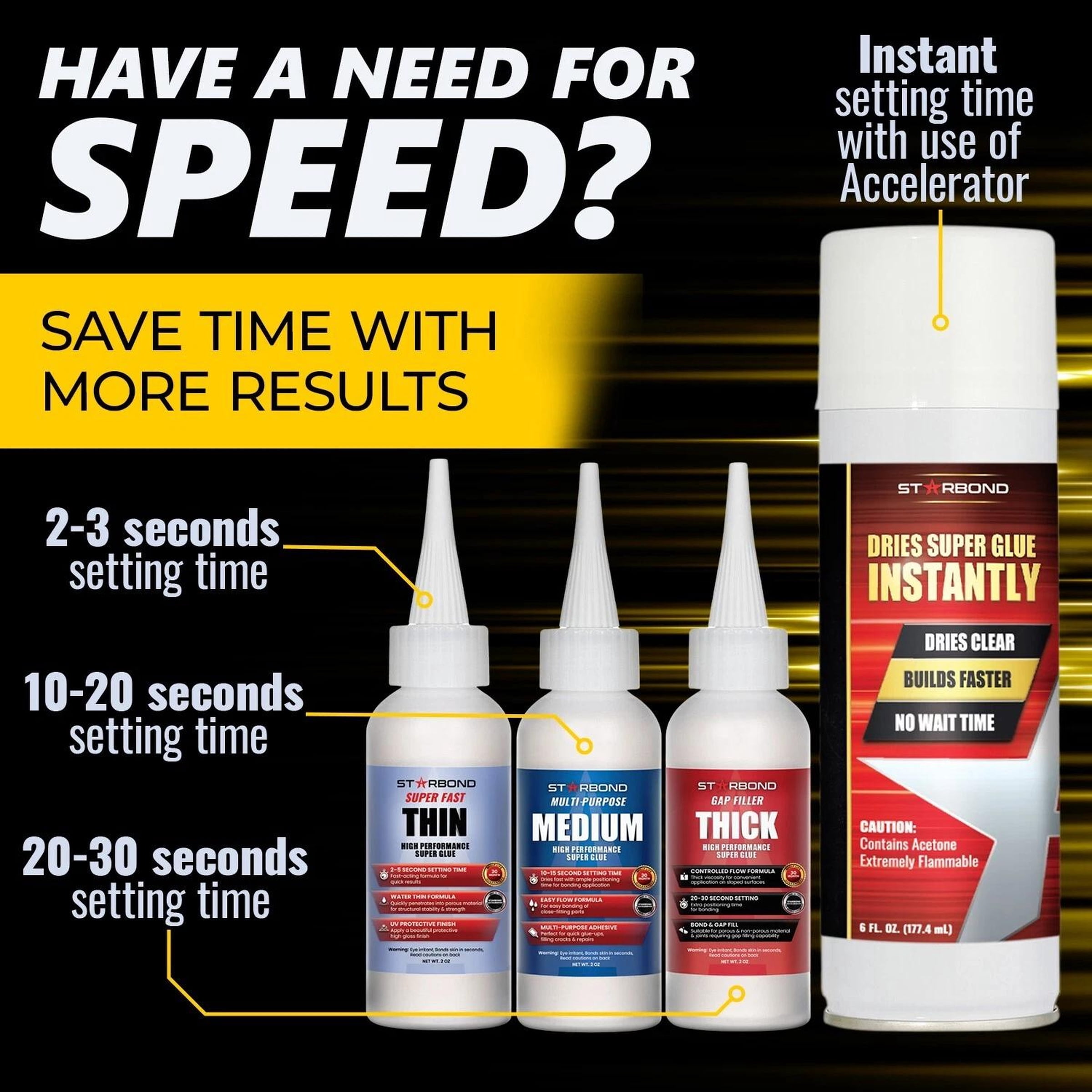 Starbond 2 oz. Thin, Medium, Thick Superglue (CA Glue) and 6 oz. Accelerator Kit