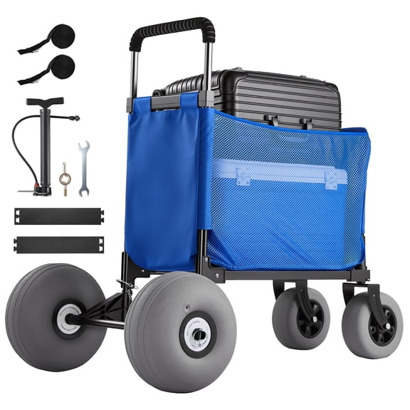 VEVOR Beach Cart with Large Wheels for Sand, 165 lbs Load Capacity, Heavy Duty Folding Beach Wagon with 12" Balloon Wheels, Storage Bag, 33" to 45" Adjustable Height, Dolly for Camping Fishing Garden