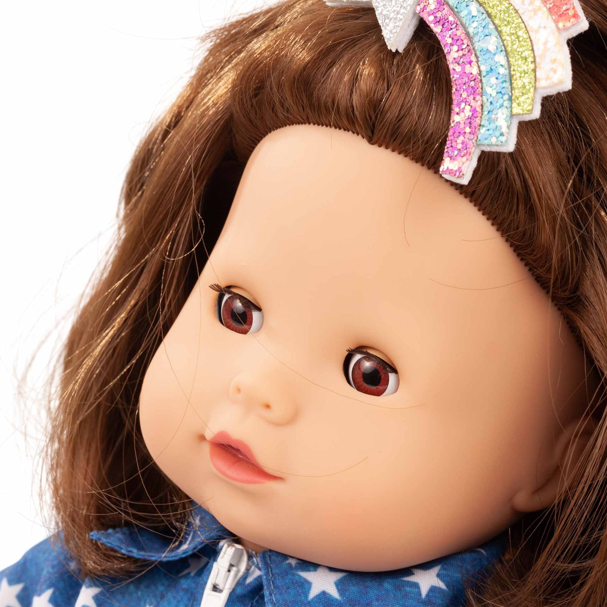 Gotz: Maxy Muffin: My Star - 16.5" Doll, Blue & White Star Denim Outfit, Glitter Bow Clip, Brown Hair, Sleepy Eyes, Pacifier, Collectible Toy, Kids 3+