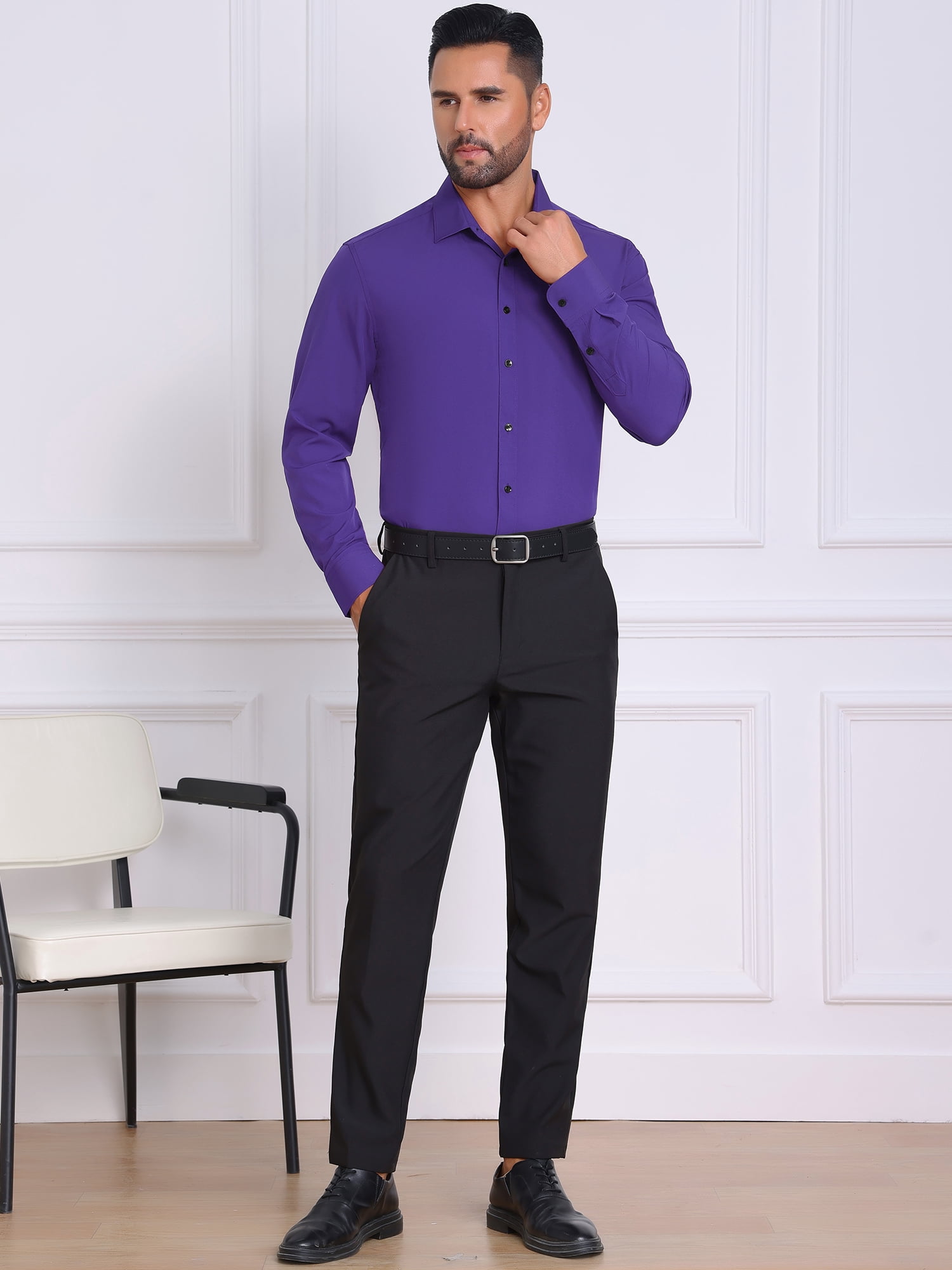 DARING DIVA Men's Solid Color Button Down Long Sleeves Stretch Shirts S Purple