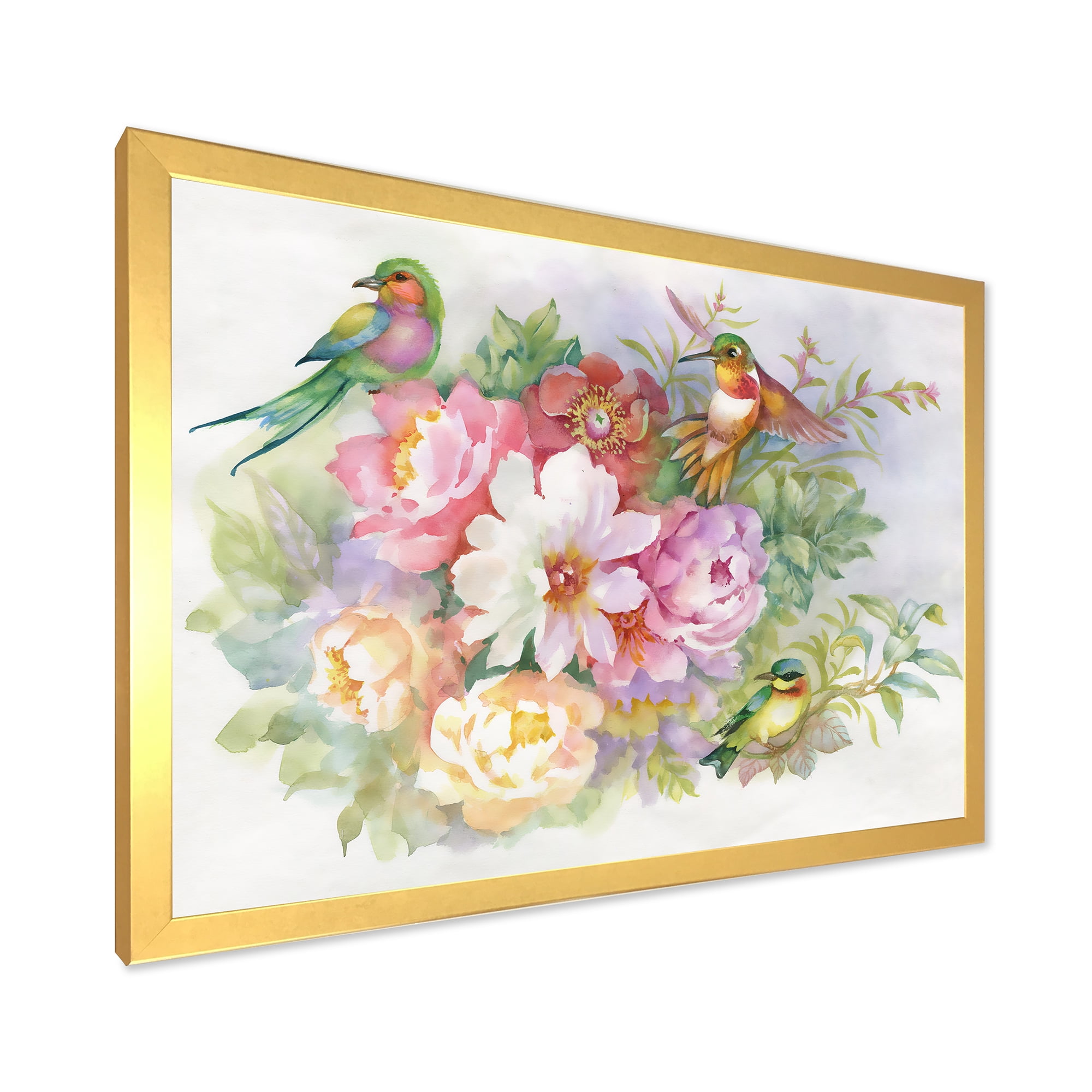 Designart 'Colourful Birds and Vibrant VIntage Flowers' Traditional Framed Art Print