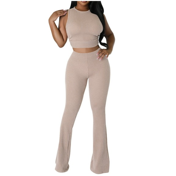 XuJwPNcy Womens 2 Piece Lounge Sets Sleeveless Cropped Tops and Bell Bottom Pants Ribbed Knit Lounge Outfits