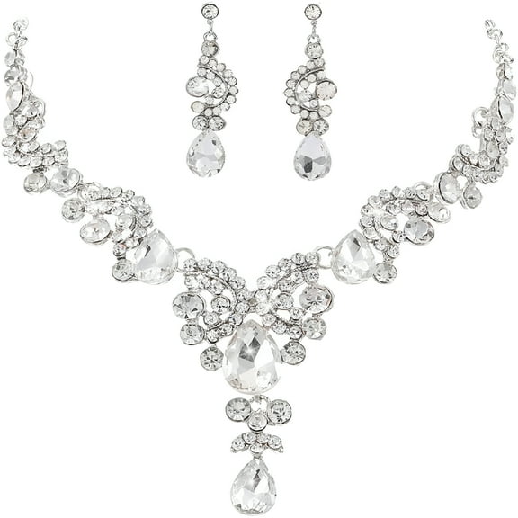 DESIGNICE Bride Wedding Jewelry Sets Crystal Bridal Necklace Earrings Set Rhinestone Choker Necklace Prom Costume Jewelry for Women and Brides
