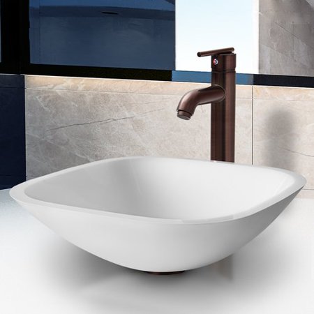 Vigo Square Shaped White Phoenix Stone Glass Vessel Sink With Oil