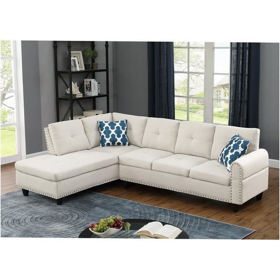 JERFIT Beige Linen L-Shaped Sectional Sofa with Chaise, Left Facing Loveseat Couch for Living Room with Nailhead Trim and Accent Pillows