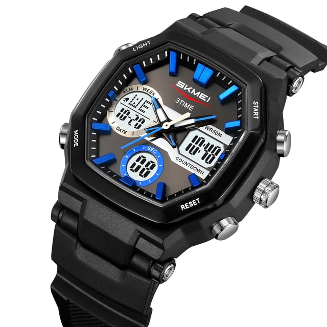 SKMEI 2389 Electronic Watch with 50M Waterproof, LED Luminous Display, Stopwatch, Alarm, Date/Week Function, Resin Mirror & TPU Strap - Lightweight 41.7g ABS Case Unisex Sports Timepiece (Black-Blue)