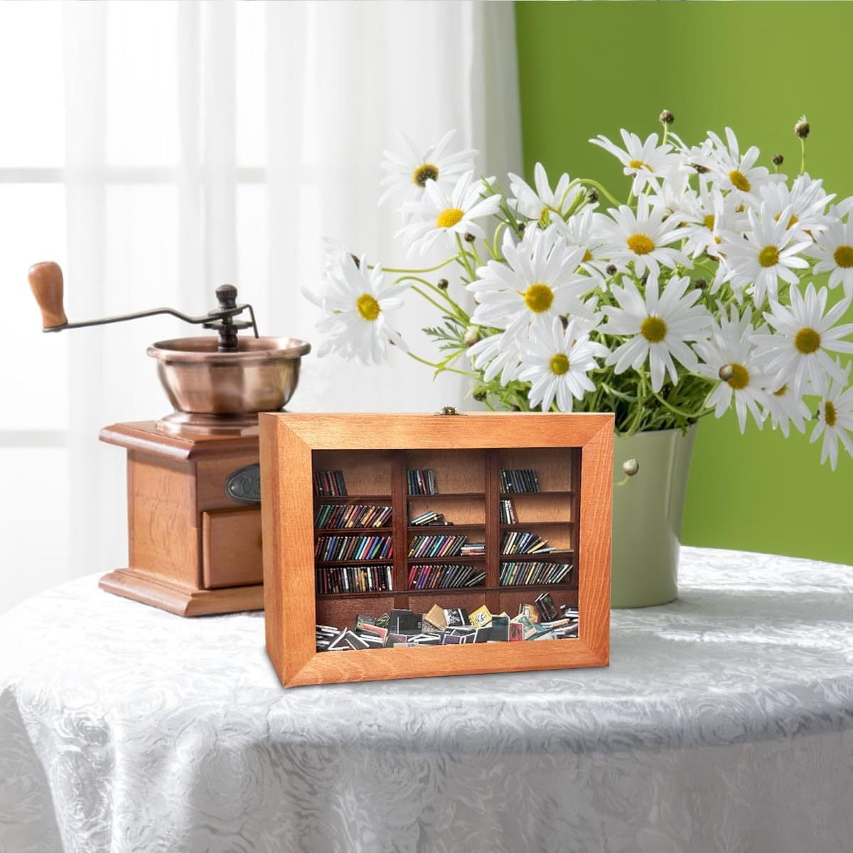Miniature Wooden Bookshelf with 200 Mini Books - Stress Relief Desktop Decor for Book Lovers, Office & Home Desk Organizer with Tiny Books Collection