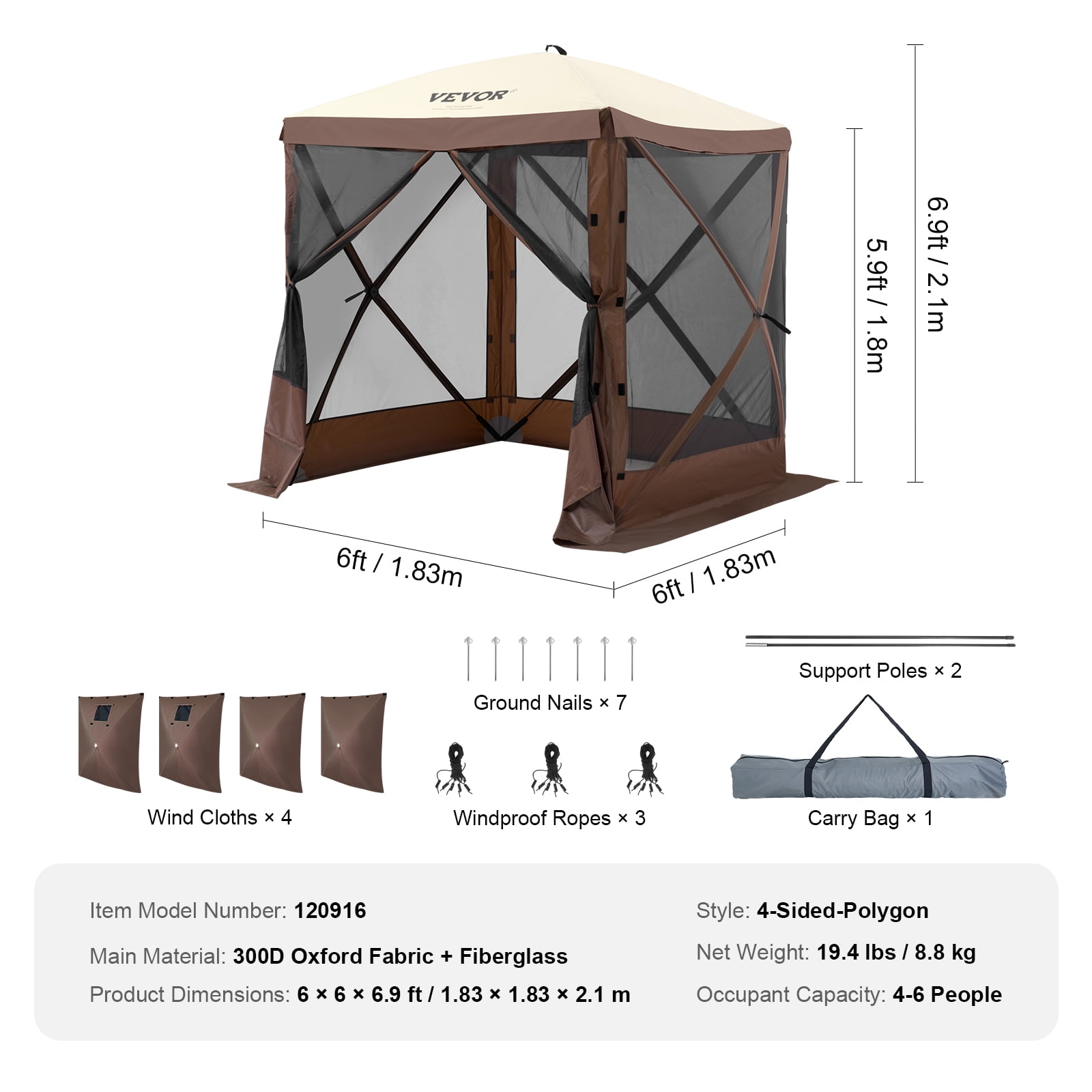 VEVOR Pop up Gazebo Tent, Pop-Up Screen Tent 4 Sided Canopy Sun Shelter with 4 Removable Privacy Wind Cloths & Mesh Windows, 6x6FT Quick Set Screen Tent with Mosquito Netting, Brown