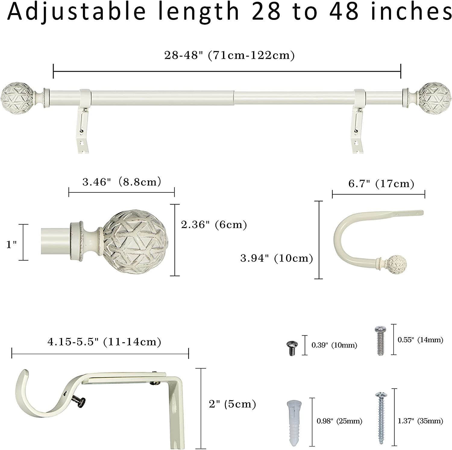 eTeckram 1" Curtain Rod with Geo Ball Finials - 28" to 48", Weathered White