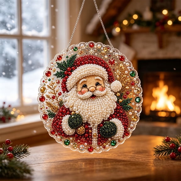 Christmas Diamond Art Ornament, Diamond Painting Kit, DIY Hanging Decor, Santa Claus Pattern Rhinestone Art Craft with Pre-Printed Canvas and Sparkling Beads, Complete Tools Included