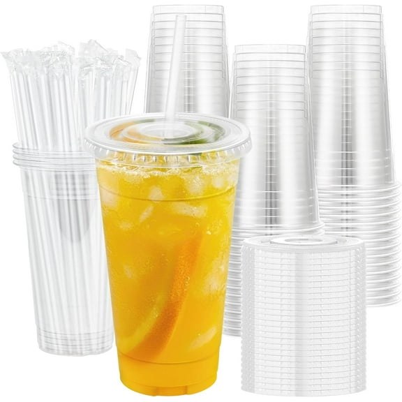 100 Pack 24 oz Clear Plastic Cups with Lids and Straws, Disposable Plastic Coffee Cups with Lids for Iced Coffee, Cold Beverages, Smoothies and To-Go Drinks
