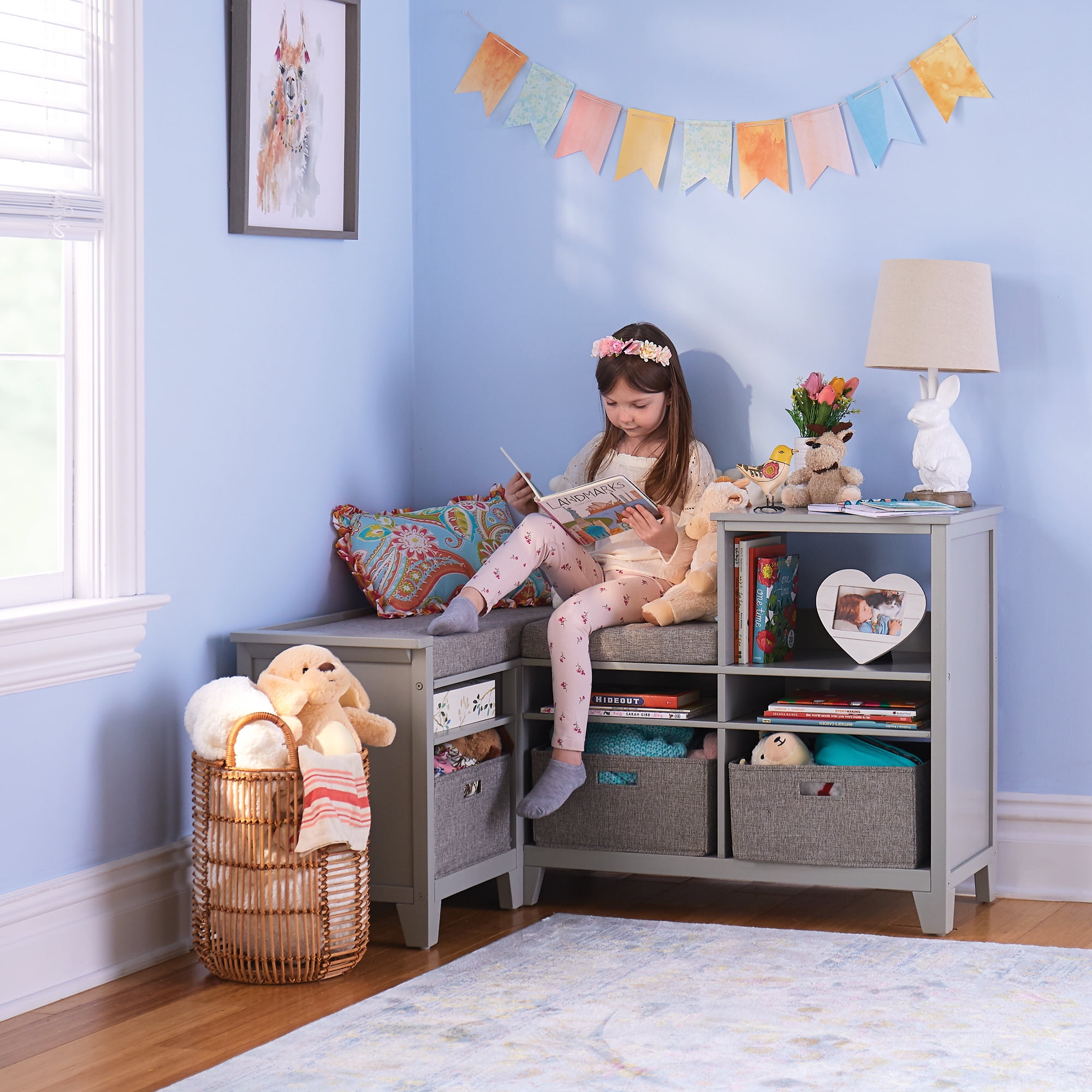 Martha Stewart Living and Learning Kids' Corner Nook Gray: Wooden Storage Bookcase Organizer with Seat Cushion and Fabric Bins for Reading in Bedroom ...