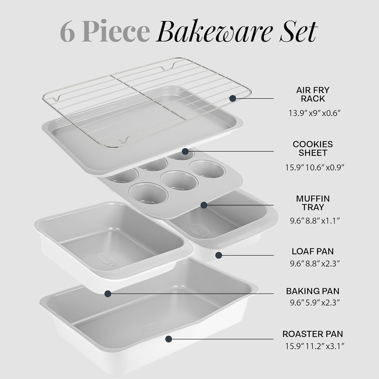 Gotham Steel 6 Pc Stackable Baking Pans Set Non Stick, 70% Space Saving Design, Nonstick Ceramic Bakeware Sets Non Toxic, with Baking Sheet Tray, Cake & Muffin Pans, Oven & Dishwasher Safe, White