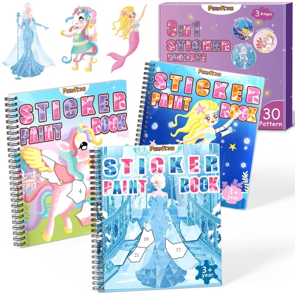 Libros de pintura autoadhesivos PERRYHOME para niñas de 4 a 8 años con 3 temas, 3 unidades