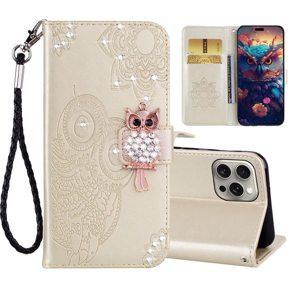 Wallet Case for iPhone 16 Pro 6.3" with Card Slot Holder Kickstand, Glitter Bling Diamond Rhinestone Owl PU Leather Flip Folio Cover with Wrist Strap for Apple iPhone 16 Pro MTY-Gold
