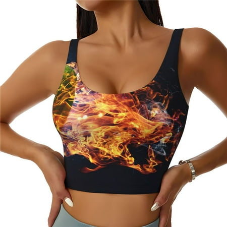 Qokaie Tennis Ball In Fire1 Pattern Womens Scoop Neck Sports Bra Breathable Workout Vest Padded U Back Medium Impact Fitness Gym Yoga Bra Workout Crop Top-Large