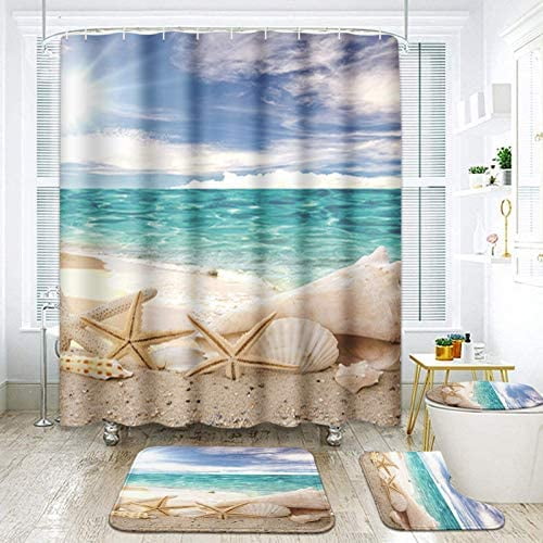 4PC Sandy Beach Shower Curtain Set with Non-Slip Rugs Toilet Lid Cover Bath Mat 