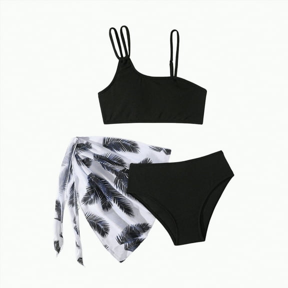 TOWED22 Girls 3 Piece Swimsuits Bathing Suit Cute Ruffle Floral Print Bikini Set with Skirt Kids Swimwear Size 9-14 Years(Black,7-8 Y)