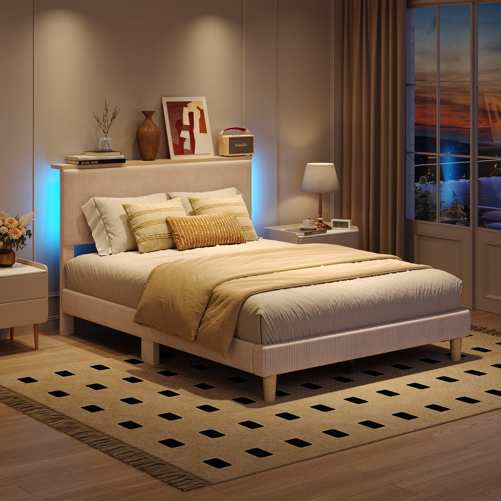 Bestier Full Platform Bed with Adjustable Storage Headboard Shelf, LED Corduroy Upholstered Bed Frame, Beige