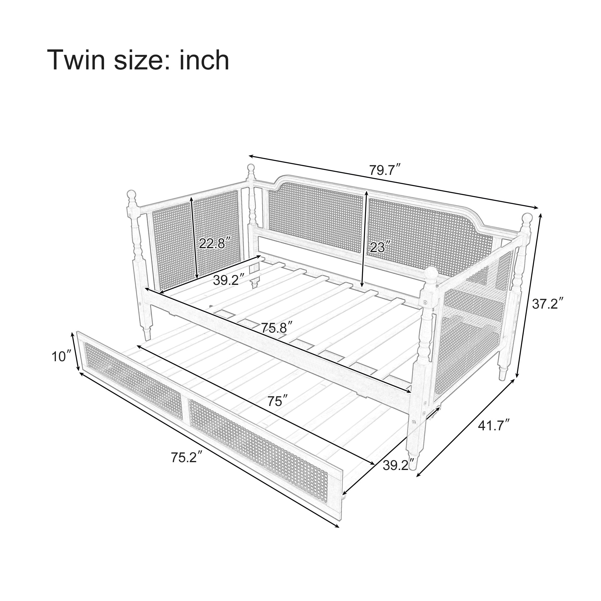 Lit de repos Homy Casa en rotin avec lit gigogne pour chambres et suites d'amis