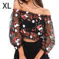 thumbnail image 1 of Blusa elástica con hombros descubiertos y estampado floral de malla con top corto bordado para mujer, XL kenally AP000886-04, 1 of 7