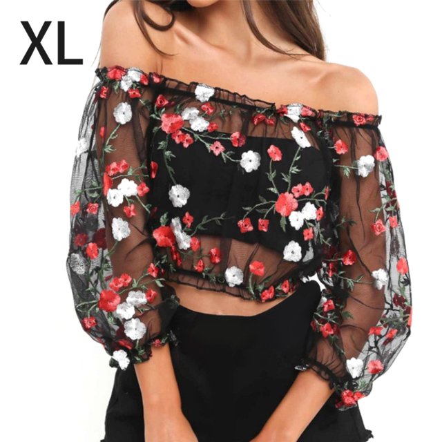 Blusa elástica con hombros descubiertos y estampado floral de malla con top corto bordado para mujer, XL kenally AP000886-04