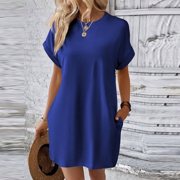 BRGZLK Women's Casual T-Shirt Dresses Rolled Up Short Sleeve Shift Wrinkle-Resistant Loose Fit Solid Color Knee Length Round Neck Dresses with Pockets Blue L