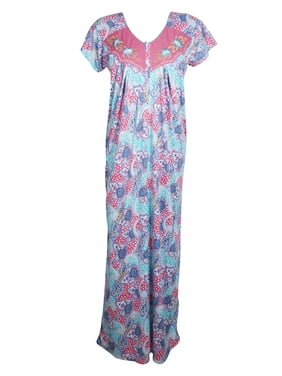 Mogul Women's Pink Blue Maxi Dress Floral Print Sleepwear Cover Up Housedress Nightwear Dresses L