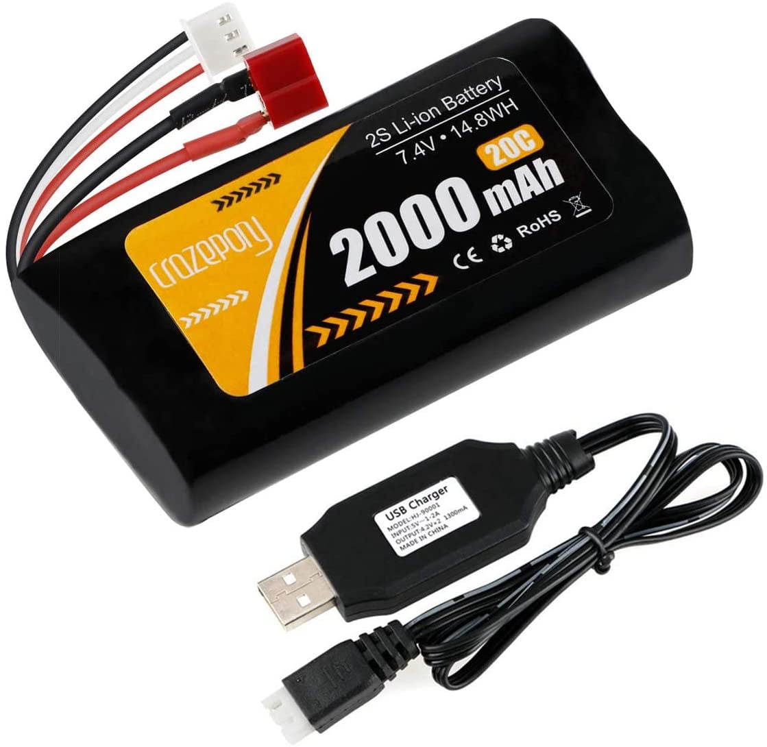 2000mAh 7.4V 2S 25C Li-ion Battery T plug USB for Jumper T16 T12