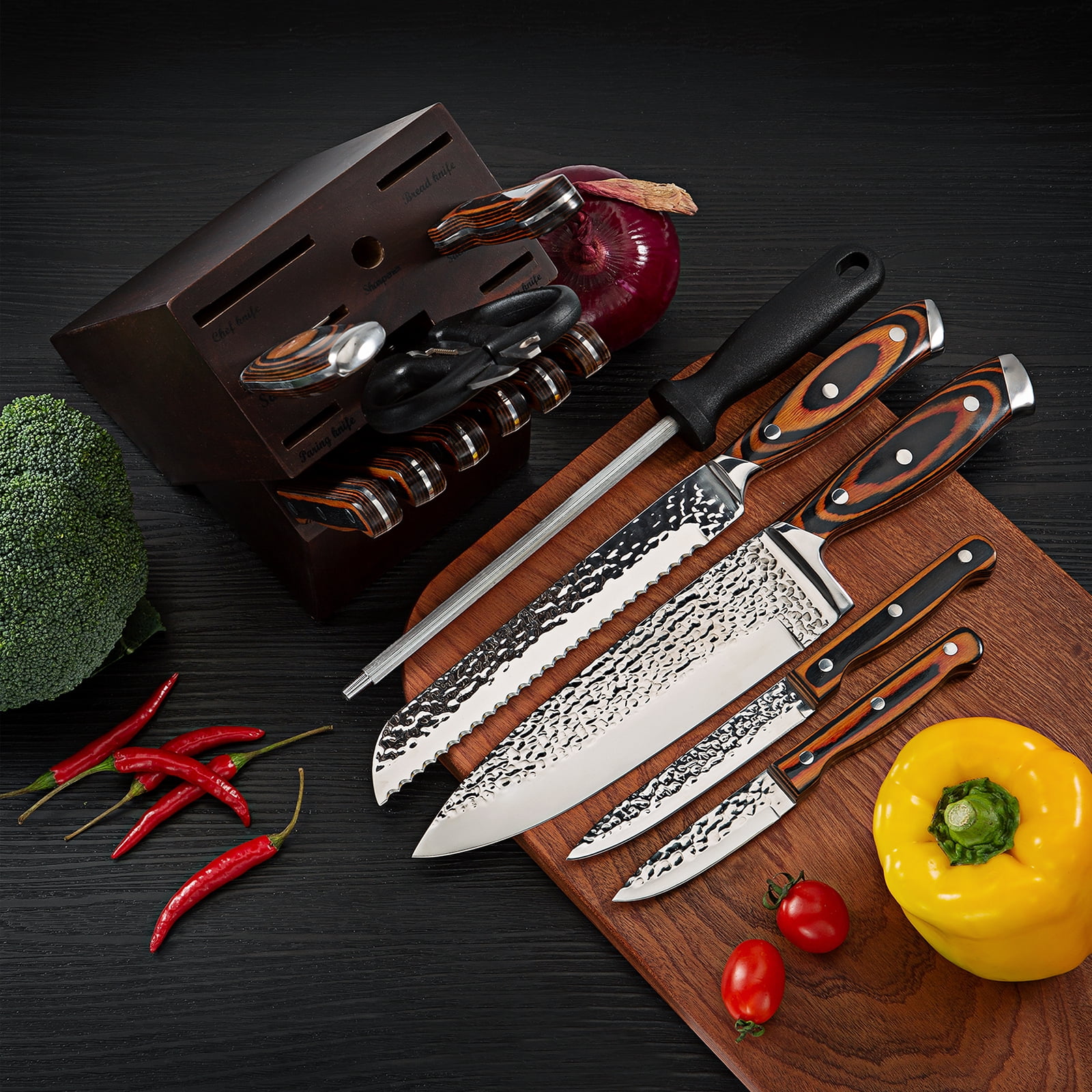 Blusmart Kitchen Knife Set, 15-Piece Knife Set with Wooden Storage Block, High Carbon Stainless Steel, for Cooking Cut (Brown)