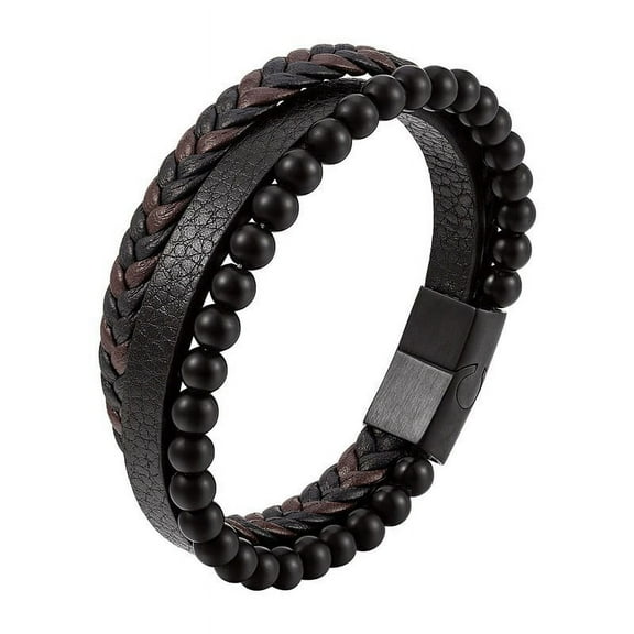 Veshon Men's Leather Bracelet with Stainless Steel Wristband Cuff Bangle Personality Bracelets