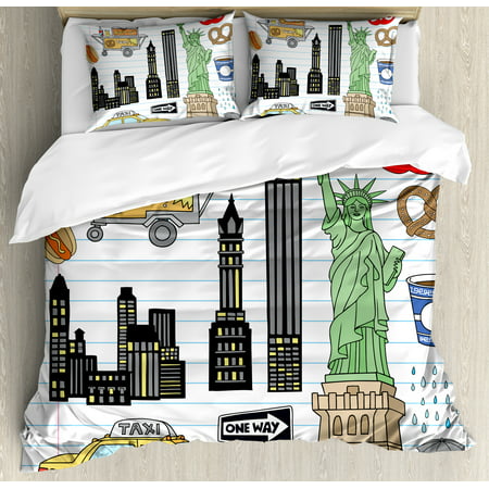 Doodle Duvet Cover Set, New York City Manhattan Statue of Liberty The Big Apple Hot Dog Stand Sketch Style, Decorative Bedding Set with Pillow Shams, Multicolor, by (Best Bedding For Hot Climates)