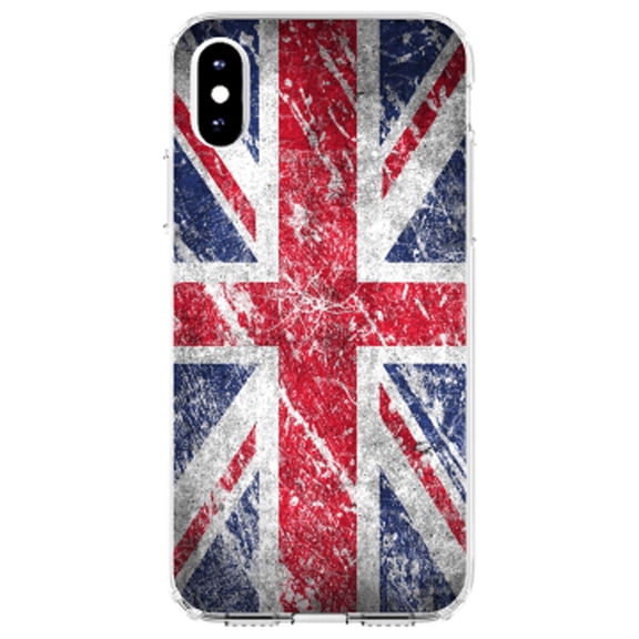 DistinctInk Clear Shockproof Hybrid Case for iPhone XS Max (6.5" Screen) - TPU Bumper, Acrylic Back, Tempered Glass Screen Protector - Red White Blue British Flag Weathered - Show Your Love of the UK