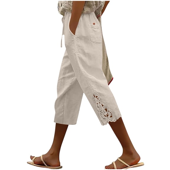 DeHolifer Capri Pants for Women Cotton Linen Capris Summer Casual Lightweight Elastic Drawstring Cropped Pant with Pockets Beige M