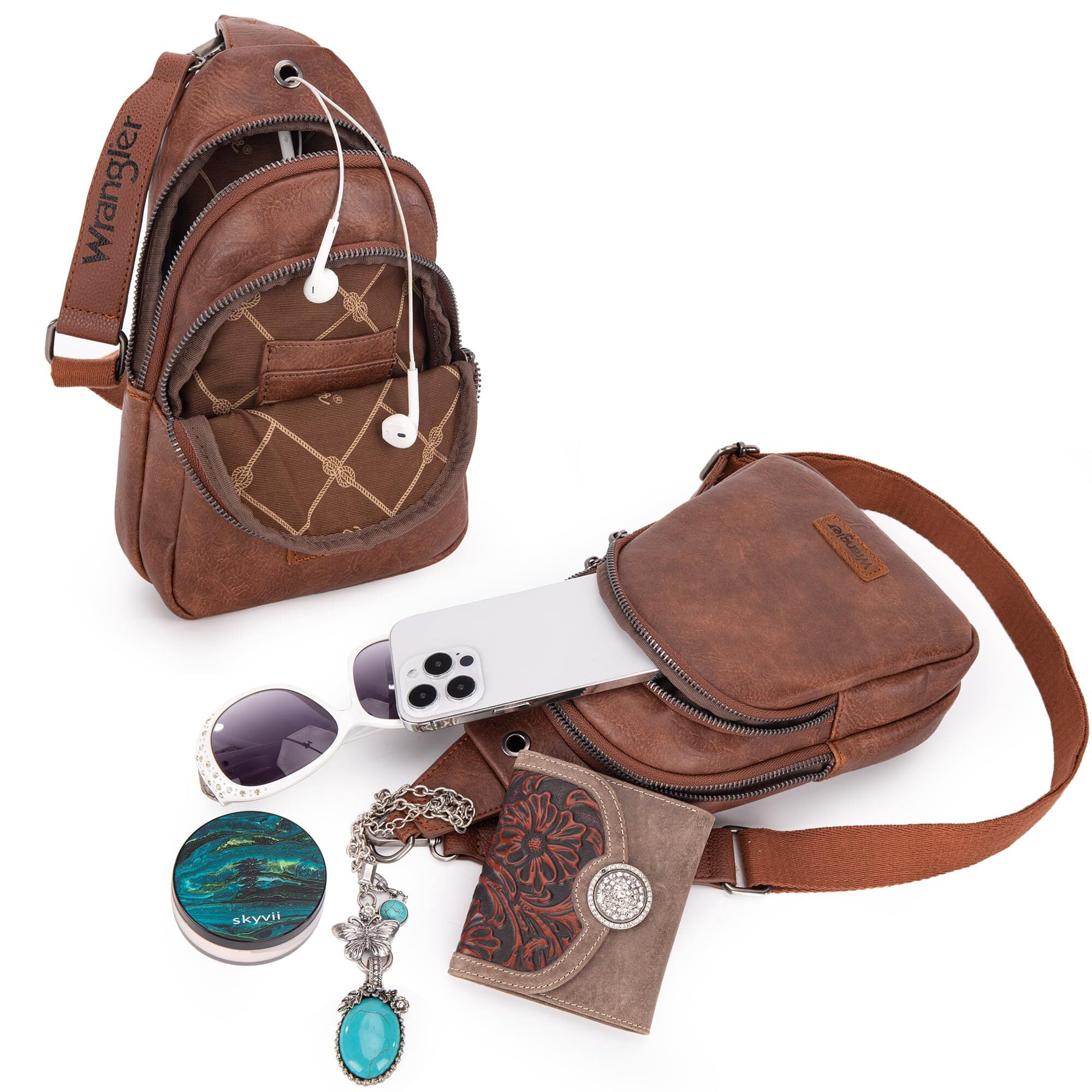 Wrangler Small Crossbody Sling Bags for Women Fanny Packs Chest Bag for Travel Gift, Dark Brown
