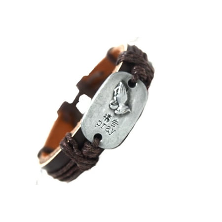 - Prayer Praying Hands Dark Brown and Brown Leather Bracelet Christian Religious Jewelry, J-B2