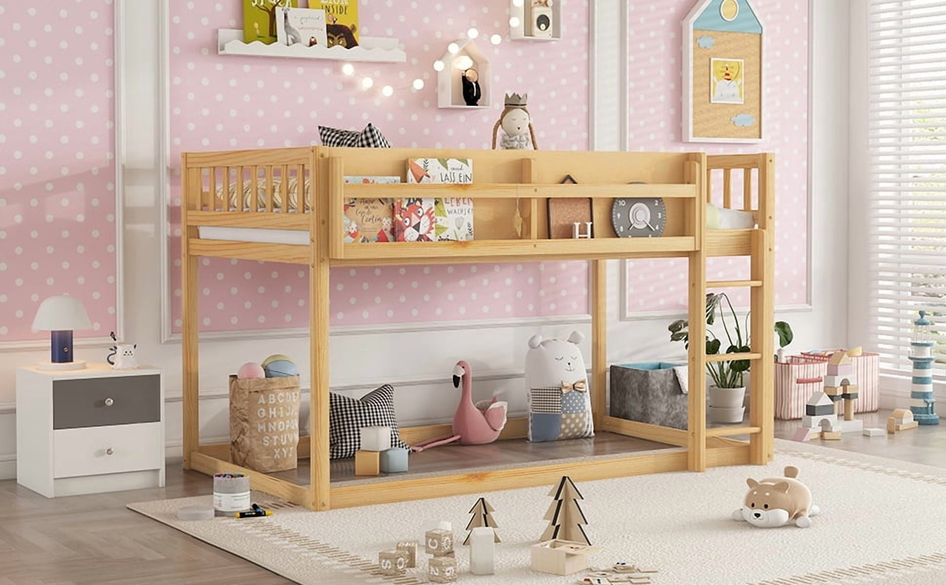HOQBN Bunk Bed Twin Over Twin,Solid Wood Low Floor Bunk Bed with Ladder,Natural
