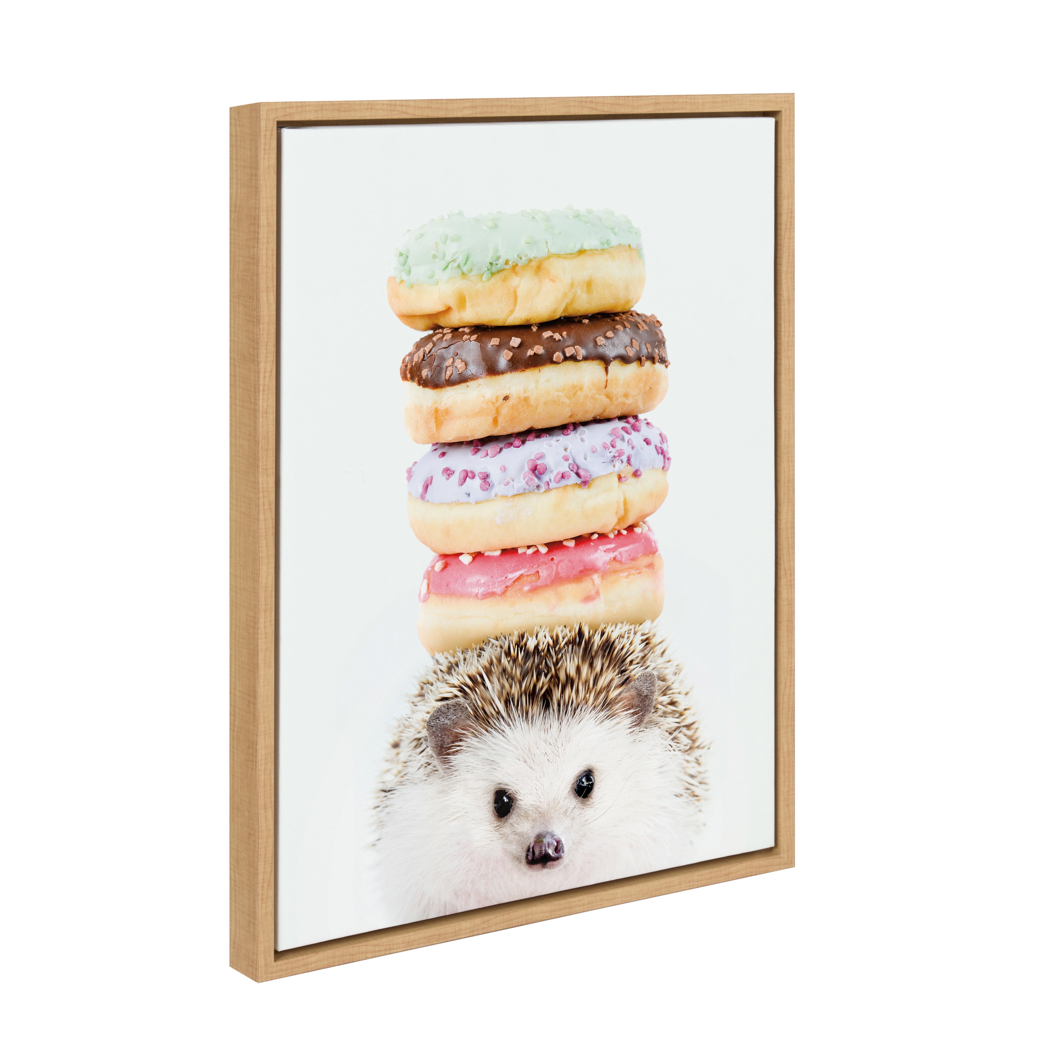 DesignOvation Sylvie Hedgehog Donuts Framed Canvas Wall Art By Amy Peterson, 18x24 Natural, Cute Baby Animal Portrait For Living Room, Bedroom, Or Nursery