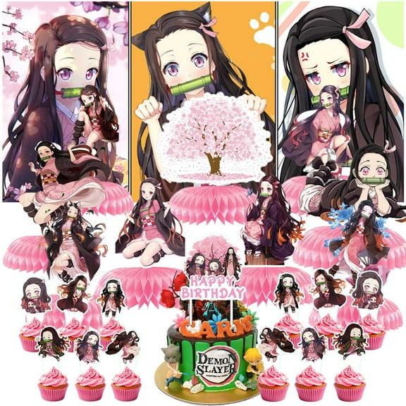 Demon Slayer Girl Nezuko Party Decorations Decor Supplies Honeycomb Centerpieces Table Toppers Cake Toppers for Birthday Photo Props
