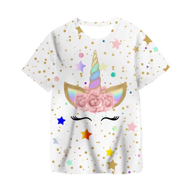 Camiseta con estampado de unicornio en 3D, camiseta bonita de unicornio rosa, camiseta de verano para niñas, ropa de dibujos animados para niños, camisetas casuales para adolescentes 11T Gao Jinjia LED