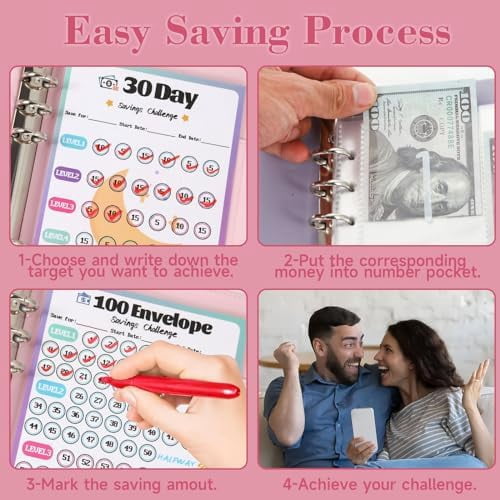 2 Pack 100 Envelopes Money Saving Challenge, Cash Budget Planner A5 Binder, Savings Challenges Book Organizer Folder, with 3 Tracker to Save $5,050 and $2,600, $300, 100 Pre-numbered Pockets, Red