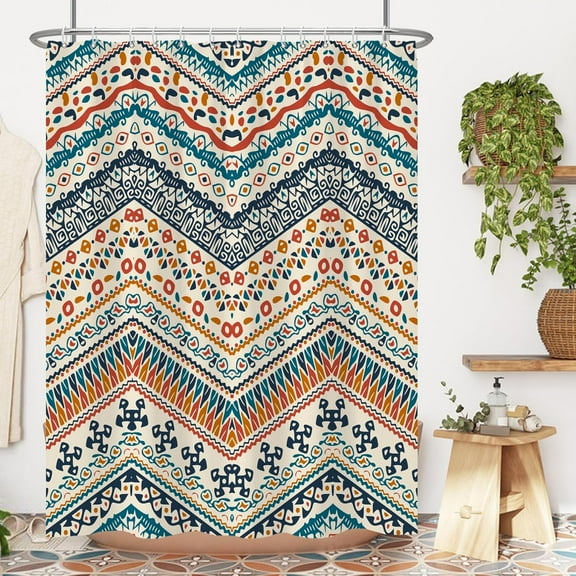 Orange Bohemian Shower Curtain,Orange Boho Shower Curtain Set for Bathroom,Colorful Stripe Modern Fabric Bath Curtain with Hooks, 72x72in