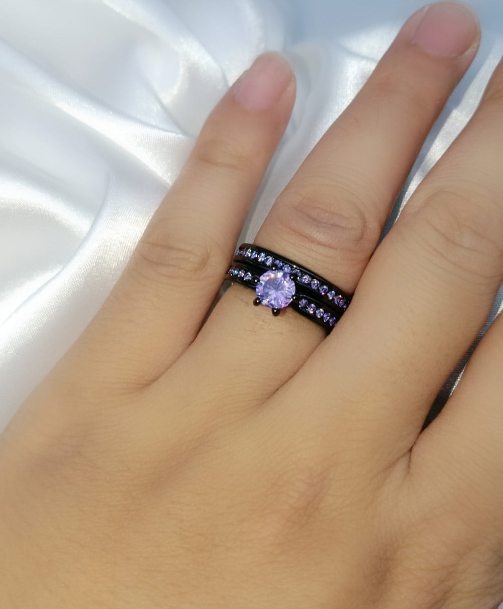 Matching Rings Couple Rings Black Gold Plated 1CT Purple Cz