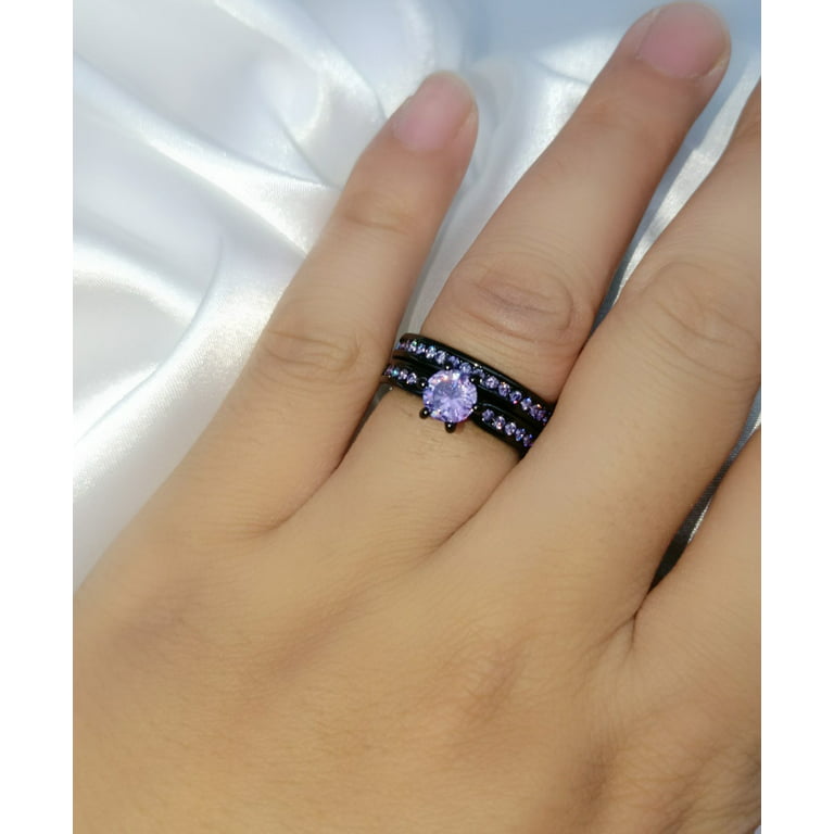 Matching Rings Couple Rings Black Gold Plated 1CT Purple Cz Women