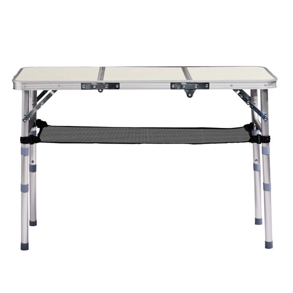 Folding Camping Table, 3 Adjustable Heights, Aluminum Tabletop, Mesh Shelf, 110lb Capacity for Camping/Picnics/Beach/Patio