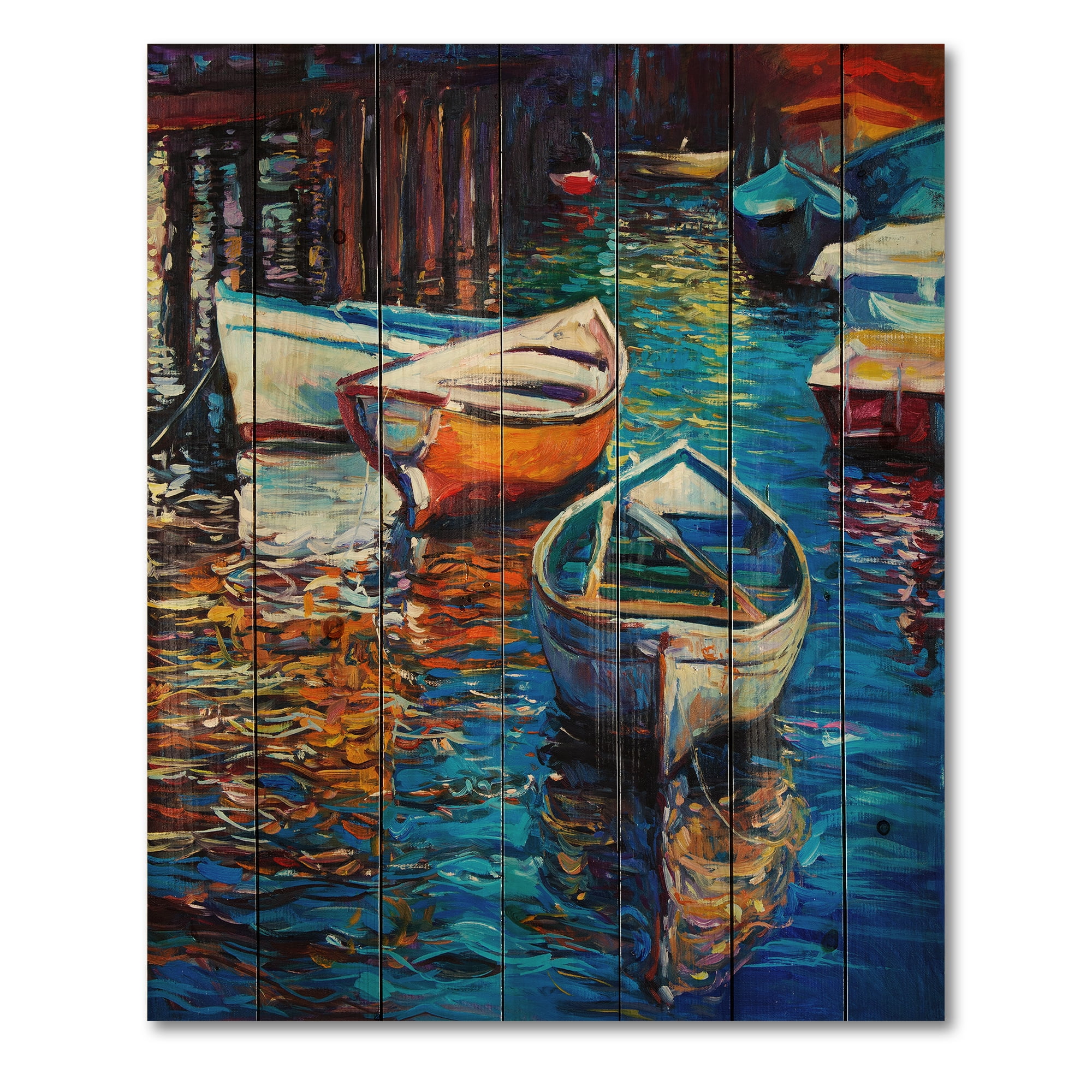 Designart 'Boats During Warm Sunset Resting On The Water X' Nautical & Coastal Print on Natural Pine Wood