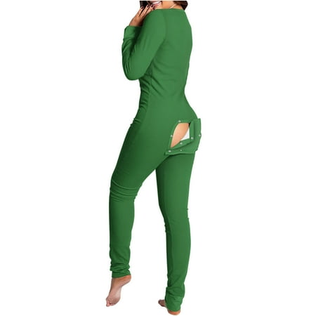 

DxhmoneyHX Women s Sexy Butt Button Back Flap Bodycon Jumpsuit V Neck Long Sleeve Romper Bodysuit Pajamas Onesies One Piece Outfit