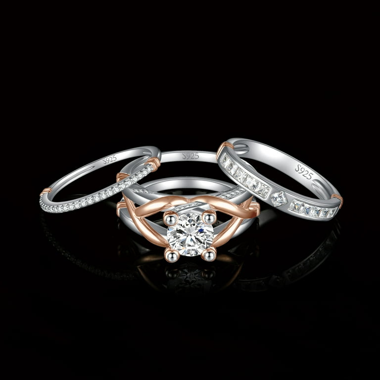 Jewelrypalace Infinity Twisted 1.5ct Cubic Zirconia Engagement Rings for Women, Criss Cross 14K Rose Gold 925 Sterling Silver Promise Ring Her,3pc