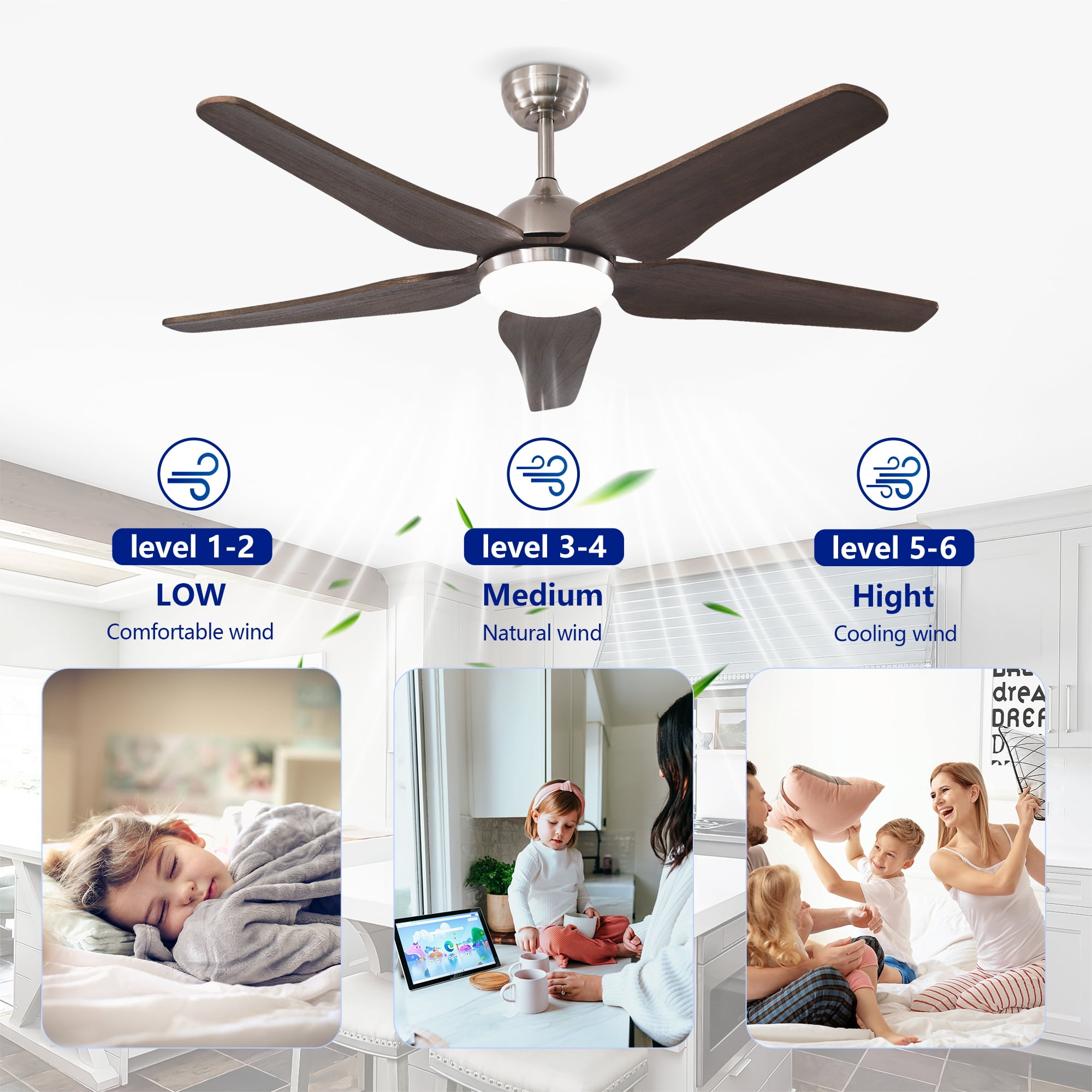 Leumius 52" Ceiling Fan with Light, Quiet DC Motor Ceiling Fans 6 Speed Levels,Reversible Ceiling Fan for Patio Living Room Bedroom Silver